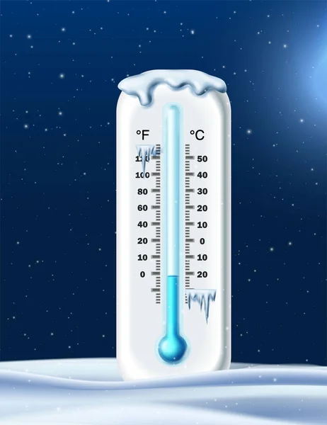 漫画スタイルの現実的なベクトルアイコン 雪の上の冷たい温度計 — ストックベクタ
