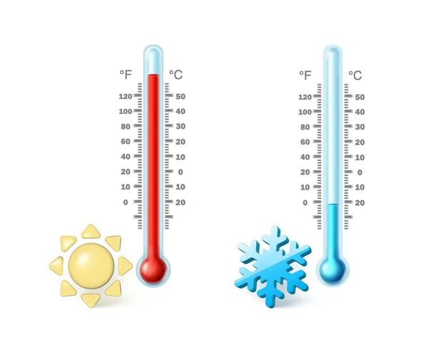 Cartoon Style Realistic Vector Icon Hot Cold Thermometer Sun Snowflake — Stock Vector