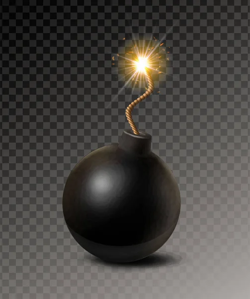 Трехмерный Реалистичный Векторный Значок Черная Круглая Бомба Горящим Предохранителем Изолированная — стоковый вектор