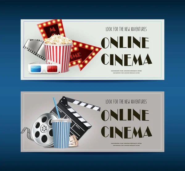 Realistische Vector Banners Filmfilmposters Met Popcorn Klembord Tape Filmrol — Stockvector