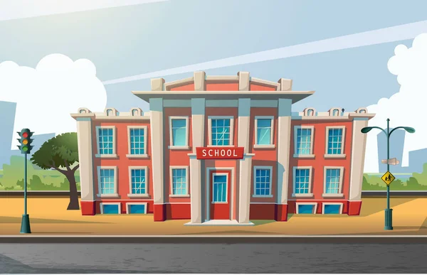 Vektör Karikatür Çizimi Şehrin Arka Planında Bir Okul Binası Eğitim — Stok Vektör