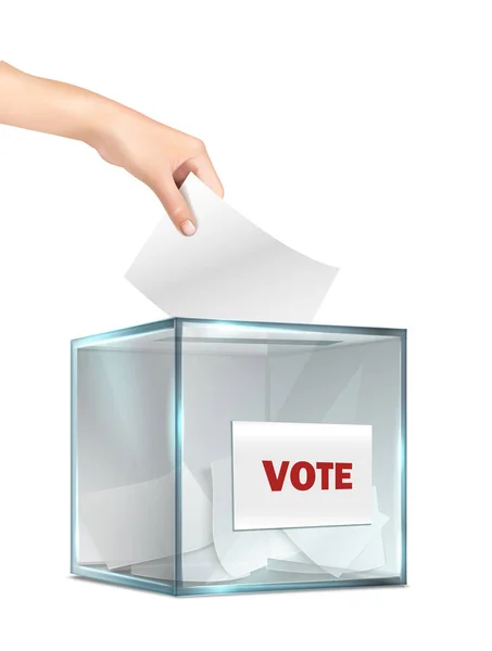3D现实的矢量图标 投票箱由玻璃制成 并将选票放在里面 选举概念 因白人背景而被隔离 — 图库矢量图片