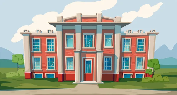 Векторна Ілюстрація Мультфільму Шкільна Будівля Фоні Міського Пейзажу Освіту Навчання — стоковий вектор