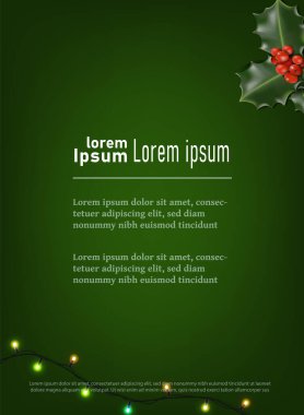 Vektör pankartı illüstrasyonu. Yeşil broşür Noel ışıkları ve yeşil yapraklar.