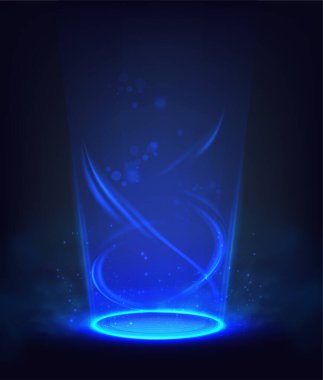 Vektör bilim kurgu illüstrasyonu. Teknoloji geçmişi. Sarmal parlayan mavi portal, hologram etkisi.