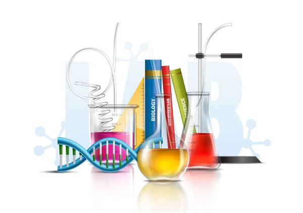 Realistyczny Wektor Ilustracji Biotechnologie Molekularne Laboratoryjnych Wyrobach Szklanych Rurkach Zlewkach — Wektor stockowy