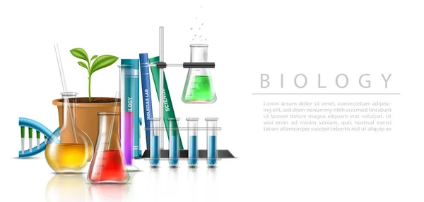 3Dリアルなベクターイラスト 研究室のガラス製品 チューブ ビーカーの分子生物学技術 生物学 — ストックベクタ