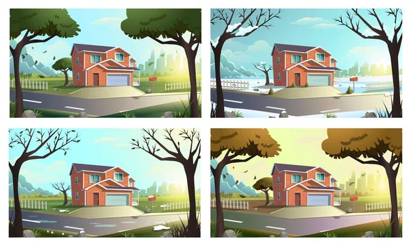 Desenhos Animados Ilustração Vetorial Moderna Casa Campo Entre Árvores Campo —  Vetores de Stock
