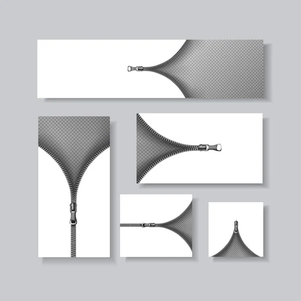 バナーの3Dリアルなベクトルコレクション ジッパー開けろ 透明な背景のイラスト — ストックベクタ