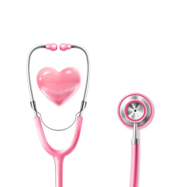 Realistisches Symbol Brustkrebs Aufklärungskonzept Medizinisches Stethoskop Mit Herzbanner — Stockvektor