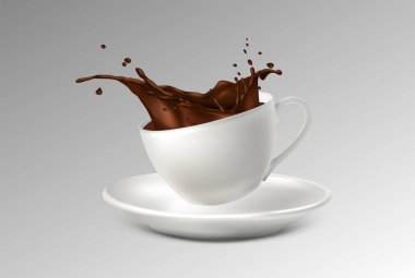 Gerçekçi vektör ikonu illüstrasyonu. Bir fincan çay tabağı ve bir tutam kahve..