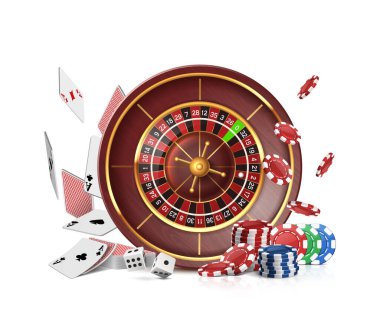 Kumarhane ruleti, uçuş kartları, poker fişleri ve zarlar. Beyazda izole edilmiş .