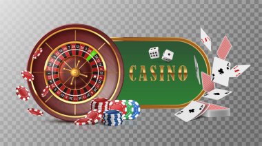 Kumarhane ruleti, uçuş kartları, poker fişleri ve zarlar. Karanlıkta izole edilmiş. .