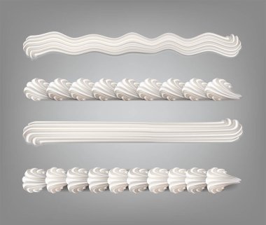 Gerçekçi vektör simgesi ayarlandı. Fırıncı kremi. Boru çantasından çıkan krem şanti izi..