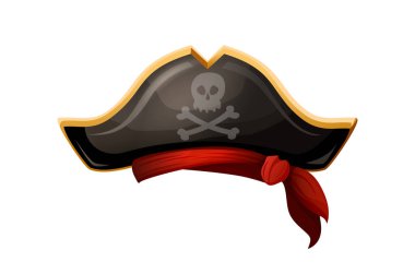 karikatür tarzı ikon illüstrasyonu. Skeleton 'lu siyah korsan şapkası. Beyaz arkaplanda izole.