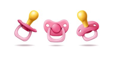 3D gerçekçi simge çizim seti. Pembe bebek emziği ön tarafta. İzole edilmiş.