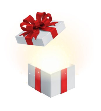 3D gerçekçi ikon çizimi. Kırmızı ipek kurdeleli beyaz hediye kutusunu aç. Beyaz arkaplanda izole edilmiş içinde parıltı bulunan mevcut kutu.