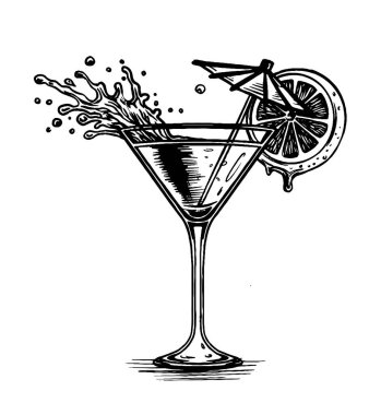 Vektör. El çizimi stili. Buzlu ve limonlu tropik martini kokteyli. Kokteyl menüsü ya da restoran menüsü şablonu.