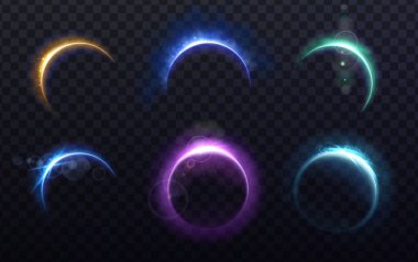 Çizim. Güneş tutulmaları mavi, mor, turuncu güneş ışınları, ışıltılar ve uzay tozuyla. Koyu uzayda şeffaf arkaplanda izole.