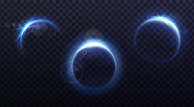 Çizim. Koyu şeffaf arkaplanda mavi ışınlar ve güneş ışınlarıyla güneş tutulması.