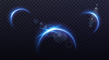 Çizim. Koyu şeffaf arkaplanda mavi ışınlar ve güneş ışınlarıyla güneş tutulması.