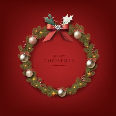 Kırmızı Noel bayrağı. Süslemeli üç kapı çelengi, kırmızı kurdeleli toplar ve ışıklar.