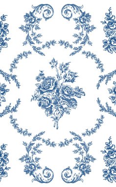 Toile de jouy desenli Vektör dikdörtgen çiçek desenli büyük şakayık gülleri ve yapraklarıyla