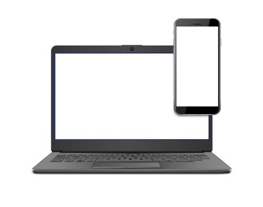 gerçekçi illüstrasyon, ui ux uygulaması ve web sitesi sunumu. Laptop ve akıllı telefon ön görünümü beyaz arkaplanda izole edildi.