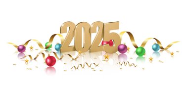 Mutlu yıllar 2025. Mutlu noeller. Tebrik kartı, afiş, broşür. Altın 2025, kurdeleler ve dekoratif toplarla. İzole edilmiş.