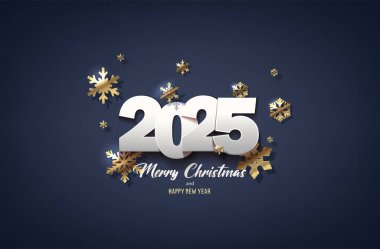 Tatil selamı, el ilanı ve kart. Vektör illüstrasyonu Mutlu Noeller ve mutlu yıllar. Koyu arkaplan, altın kaplama arka plan ve 2025 numara.