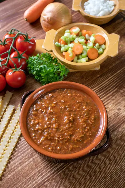 Bowl Tasty Tomato Soup Vegetables Spices Wooden Background — Photo