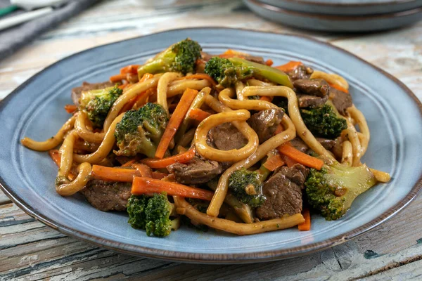stir - fried noodles with beef and vegetables