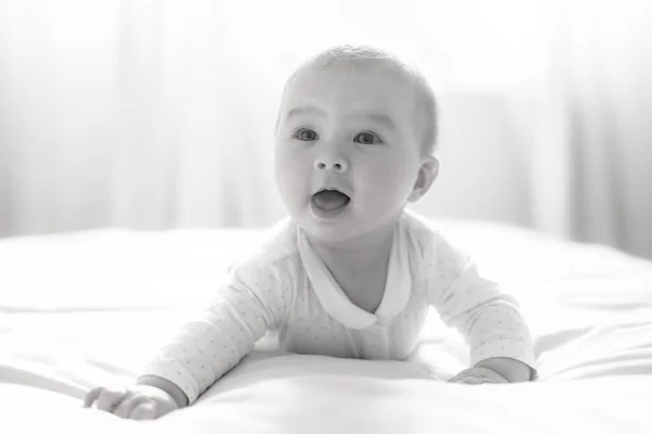 愛らしいと幸せな5ヶ月の赤ちゃんの女の子は喜んで彼女のベッドを探索しながら無限の喜びを発見します 自然の光の暖かい輝きに囲まれ 笑顔で少し陽気に — ストック写真