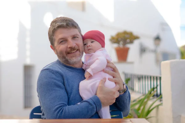 Happy Attractive Man Late 40S Holding Her Adorable Little Baby — Stock Photo, Image