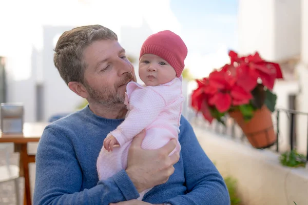 Happy Attractive Man Late 40S Holding Her Adorable Little Baby — Stock Photo, Image
