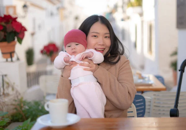 Young Happy Beautiful Asian Korean Woman Holding Her Adorable Little — Stock Photo, Image