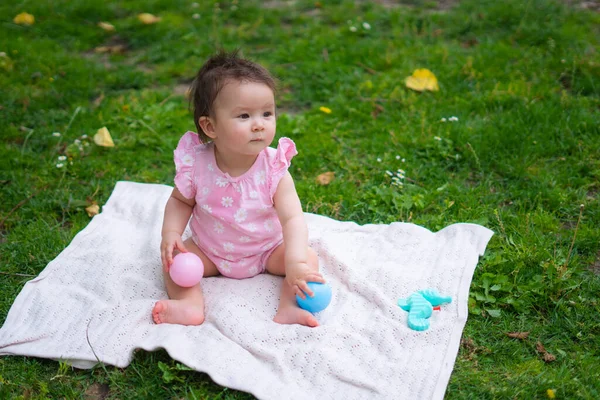幸せで愛らしい7 8ヶ月赤ちゃん女の子遊びますボールおもちゃ陽気に座っています上のタオルの上に寝そべって草の都市公園で子供時代のコンセプト — ストック写真
