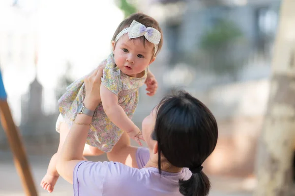 Outdoors Lifestyle Portrait Asian Chinese Woman Holding Beautiful Adorable Baby — Stock Photo, Image