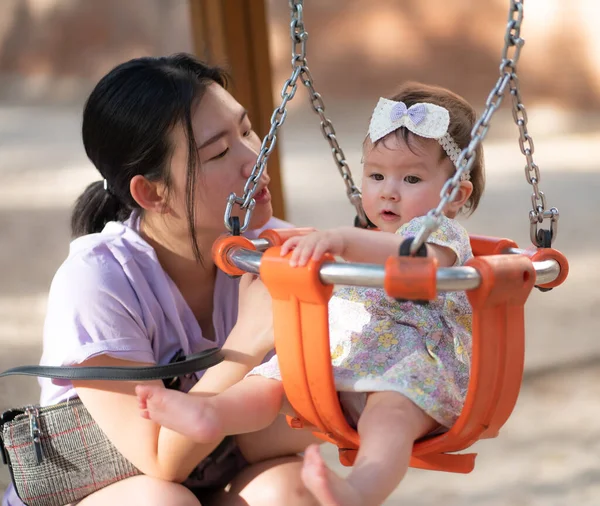 Outdoors Lifestyle Portrait Asian Woman Playing Beautiful Adorable Baby Girl — Stock Photo, Image