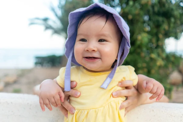 Outdoors Lifestyle Portrait Adorable Happy Baby Girl Cute Hat Hold Royalty Free Stock Images