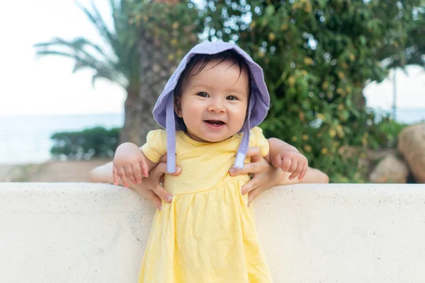 Outdoors Lifestyle Portrait Adorable Happy Baby Girl Cute Hat Hold Stock Photo