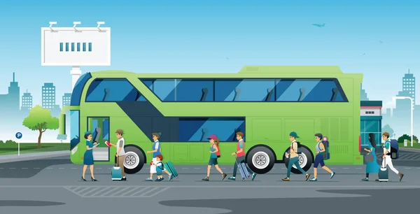 Les Touristes Vérifient Leurs Billets Avant Monter Dans Bus Touristique — Image vectorielle