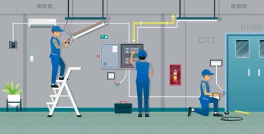 A professional electrician checks the main breaker and repairs the lamp.