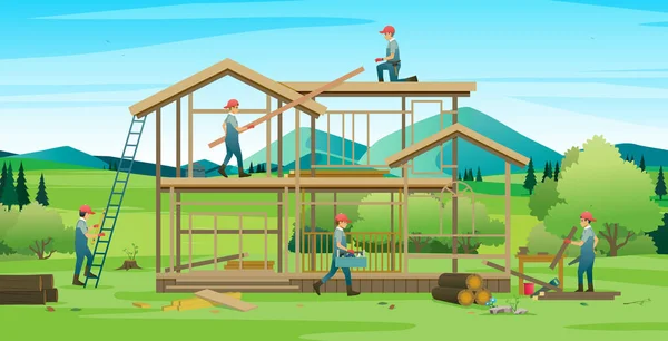Arbeiter Bauen Ein Holzhaus Auf Dem Land lizenzfreie Stockillustrationen