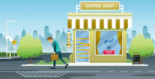 Genç Bir Işadamı Kahve Dükkanını Kapattıktan Sonra Yanıp Kül Oluyor — Stok Vektör