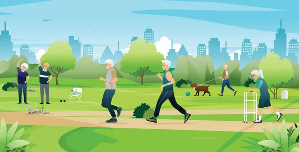 Old Men Women Exercising City Park — Stock Vector