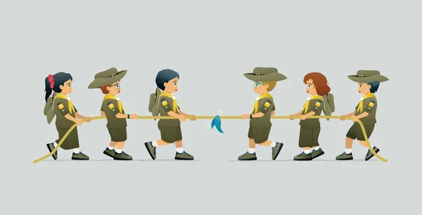 Studenter Scout Uniformer Gör Dragkamp Mot Grå Bakgrund — Stock vektor