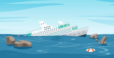 A cruise ship is sinking in the middle of the sea. clipart