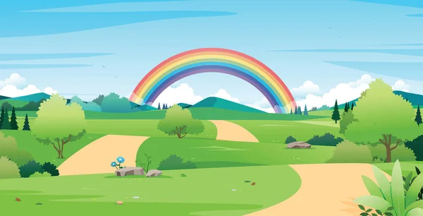 Green Fields Mountains Rainbow Background — Stock Vector