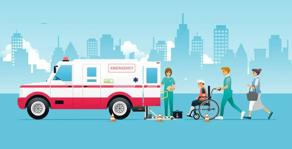 Emergency Team Provides First Aid Injured Transporting Them Hospital — Stock Vector